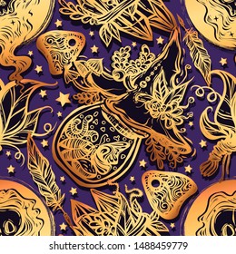 Vector illustration, Halloween, mystic, witchcraft, bottles of potion, witch hat, ghost. handmade, prints, tattoo, background purple, seamless pattern