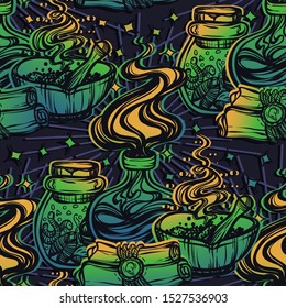 Vector illustration, Halloween, mystic, witchcraft, bottles of potion. handmade, prints, background dark blue, seamless pattern