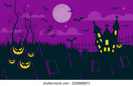 vector illustration of Halloween night background, bats, pumpkins and dark castle.