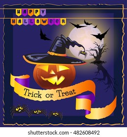 Vector  illustration of Halloween night background with full Moon, pumpkin, bats and spiders. Halloween card with night sky and words Happy Halloween, Trick or Treat.