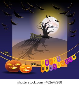 Vector  illustration of Halloween night background with full Moon, pumpkins, tree,  bats and spiders. Halloween card  words Happy Halloween on flags.
