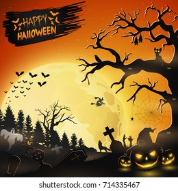 Vector illustration of Halloween night background with pumpkins