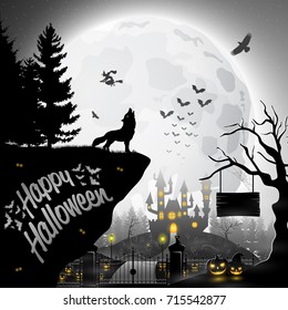 Vector illustration of Halloween night background with howling wolves