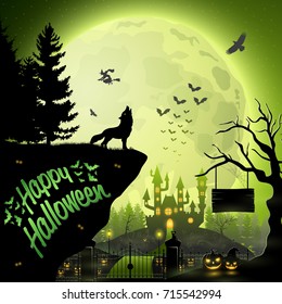 Vector illustration of Halloween night background with howling wolf