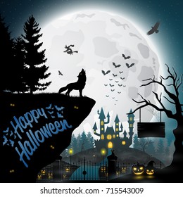 Vector illustration of Halloween night background with howling wolves