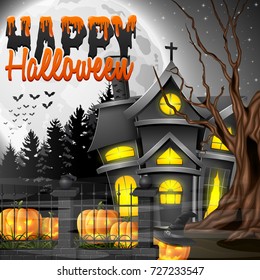 Vector illustration of Halloween night background with church and scary pumpkins