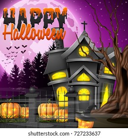 Vector illustration of Halloween night background with church and scary pumpkins