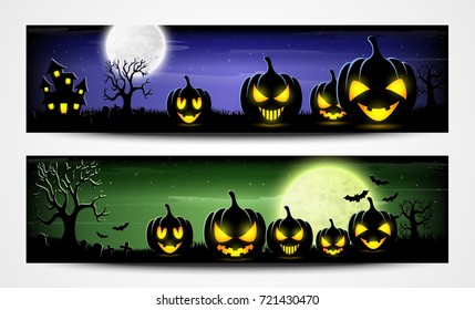 Vector illustration of Halloween night banners with scary pumpkins
