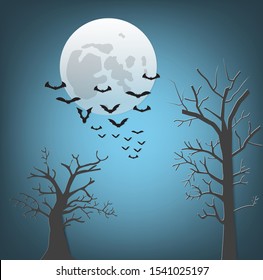 Vector illustration of Halloween night with bats flying,full moon and dry tree.