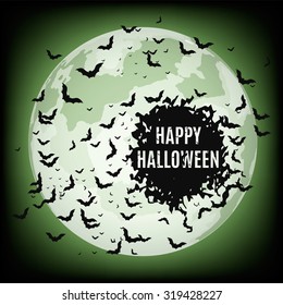 Vector illustration of halloween night with bats flying over moon.