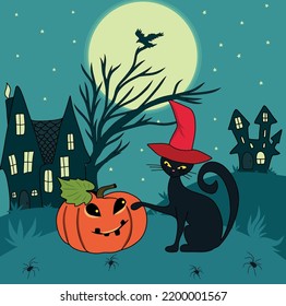 Vector illustration of Halloween night a cat in a cap and a pumpkin in a clearing against the backdrop of a full moon tree with a crow and castles