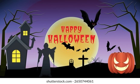 Vector Illustration of Halloween Night with Haunted Graveyard