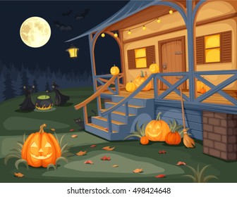 Vector illustration of a Halloween night, house with jack-o-lanterns on a terrace and witches brewing a potion under a full moon.