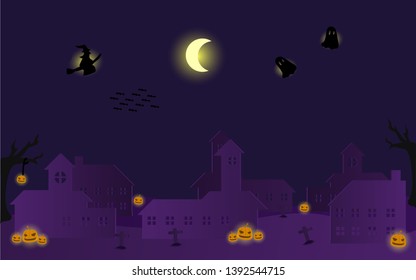 vector illustration, Halloween night 
 with landscape of the castle ,pumpkins,witch and darkness in the sky for background.