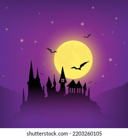 Vector illustration for Halloween. Night landscape with dark purple starry sky, forest, abandoned black castle, full bright yellow moon and bats