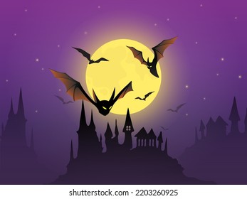 Vector illustration for Halloween. Night landscape with dark purple starry sky, abandoned black castle, full bright yellow moon and bats