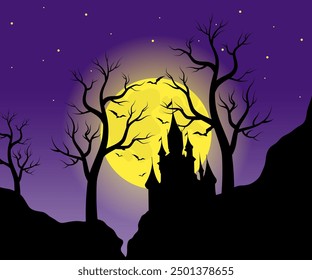 Vector illustration for Halloween. Night landscape with dark blue starry sky, full bright yellow moon, black silhouettes of trees, castle and flying bats