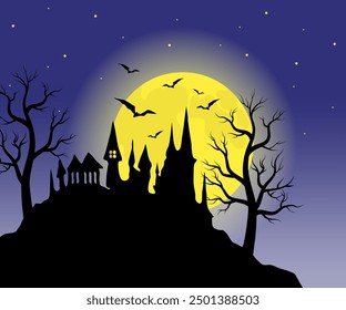 Vector illustration for Halloween. Night landscape with dark blue starry sky, full bright yellow moon, black silhouettes of trees, castle and bats