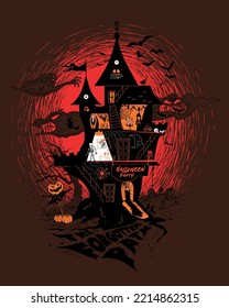 Vector illustration Halloween night party: cartoon horror castle scenery with pumpkin, skull, tree, bats, scary ghosts, graveyard in dark