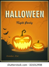 Vector Illustration of a Halloween Night Party Poster with Pumpkins