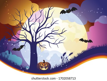 A vector illustration of a Halloween night scene with a big spooky full moon, colorful clouds, a bare tree and a grinning scary carved jack-o-lantern with bats flying around