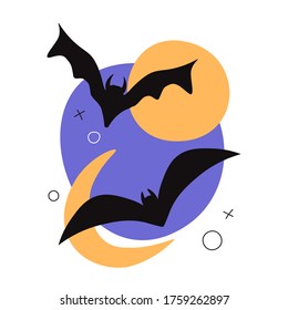 Vector illustration of a Halloween night scene, cute bats flying against the background of the moon. Full moon, minimalism, Halloween card. Template, poster or card. Greeting card in minimal flat