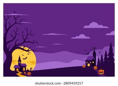 A vector illustration of a Halloween night scene featuring a wide, open space in the center for text. The image depicts a glowing full moon and a haunted house on the left, beneath the silhouette of an eerie, dead tree, alongside a church near a row of pine trees on the right. It is perfect for greeting cards, party invitations, and seasonal banners.
