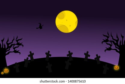  vector illustration  Halloween night  ,witch flying in the sky over the graveyard use for cover design,background.