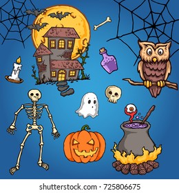 Vector illustration of halloween objects and cute monster, skull, owl and pumpkin