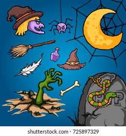 Vector illustration of halloween objects and hand of zombie