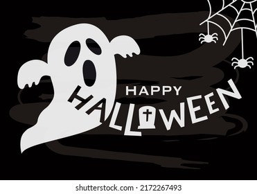 Vector Illustration Of Halloween On Black Background. Happy Halloween Lettering Text Banner. Autumn Poster With Ghost, Web, Spider, Tombstone