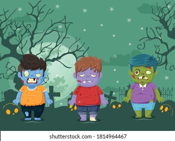 Ilustración vectorial de Halloween en el fondo de la noche lunar con zombies. Ilustración utilizada para el diseño de vacaciones para niños y niños, tarjetas, banner