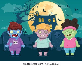 Vector illustration of halloween on moon night background with zombies. Illustration used for kid and children's holiday design, cards, banner