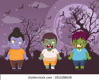 Vector illustration of halloween on moon night background with zombies. Illustration used for kid and children's holiday design, cards, banner