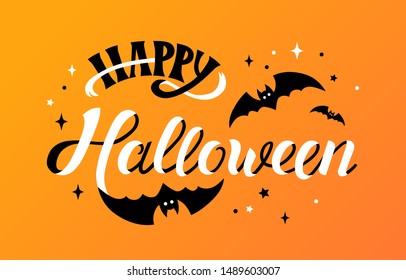 Vector illustration of halloween on orange background. Happy Halloween hand drawn text banner. Autumn poster for Halloween with bats. Happy Halloween - template for banner, design, print, poster