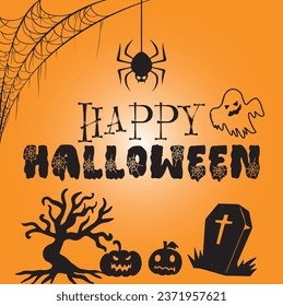 Vector Illustration of Halloween on yellow background. Happy Halloween Text Banner. Poster on yellow background.