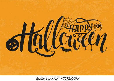 Vector Illustration of halloween on yellow background. Happy Halloween Text Banner. Poster on yellow background. Autumn poster with pumpkin, web, bat, spider.