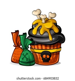 Vector illustration of halloween orange cupcake and colorful candies on white background. Happy halloween scary sweets 1.2