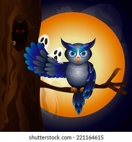 Vector illustration of a Halloween owl and ghosts