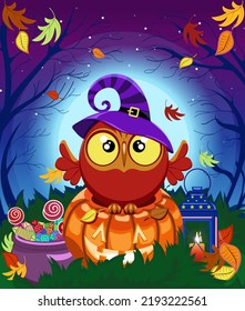 Vector illustration for halloween. An owl on a pumpkin on the background of a full moon in a witch's hat with sweets and a lantern. Forest and falling leaves. Drawn in cartoon style.