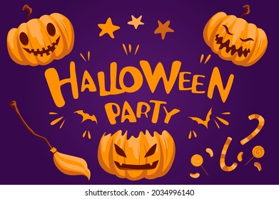 Vector illustration. Halloween party, banner, poster, invitation. bats, pumpkin, background, leaflet. candy, broom, bat, stars
