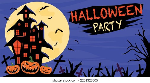 Vector illustration halloween party concept bright blue invitation place for text to castle to ghosts and witch monsters happy halloween