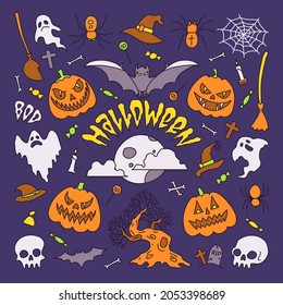 Vector illustration, halloween party elements. Set of icons in cartoon style.