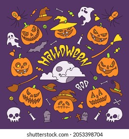 Vector illustration, halloween party elements. Set of icons in cartoon style.