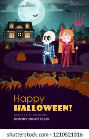 Vector illustration Halloween party flyer. Halloween party invitation with devil, skeleton, full moon and haunted house.