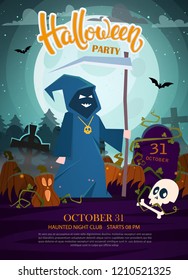 Vector illustration Halloween party flyer. Halloween party invitation with pumpkins, death with scythe, skull, full moon and cemetery.