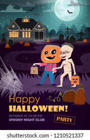 Vector illustration Halloween party flyer. Halloween party invitation with mummy, jack o lantern, full moon and haunted house.