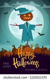 Vector illustration Halloween party flyer. Halloween party invitation with scary scarecrow, pumpkins and a full moon.