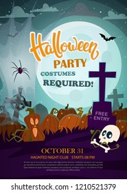 Vector illustration Halloween party flyer. Halloween party invitation with pumpkins, skull, full moon and cemetery.