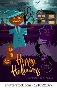 Vector illustration Halloween party flyer. Halloween party invitation with scary scarecrow, crow, pumpkins, haunted house and a full moon.